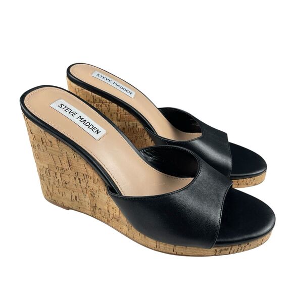Steve Madden Women's Marvelous Cork Wedge Sandals Size 10M Black Leather Slip-On - Picture 1 of 12